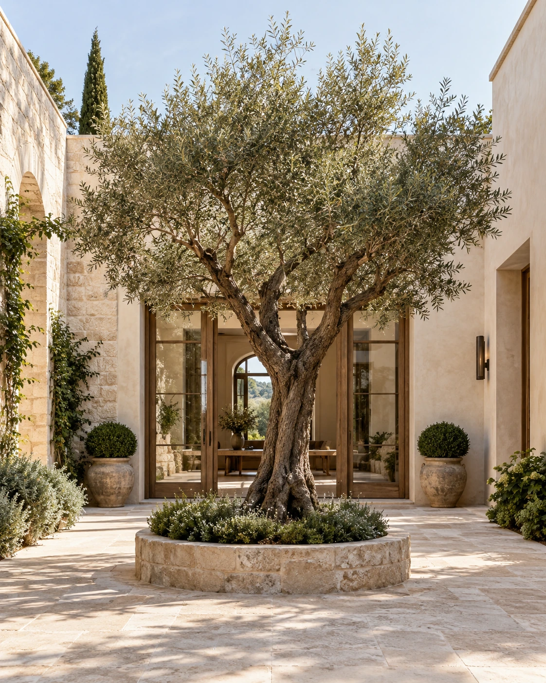 Illustrative courtyard with an olive tree